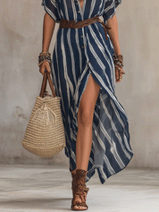 Boho Striped Button-Front Belted High-Slit Flowy Maxi Dress
