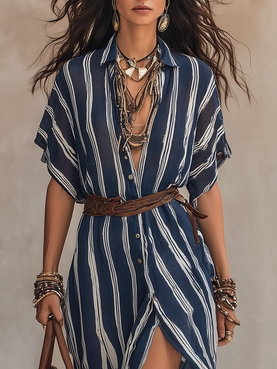 Boho Striped Button-Front Belted High-Slit Flowy Maxi Dress
