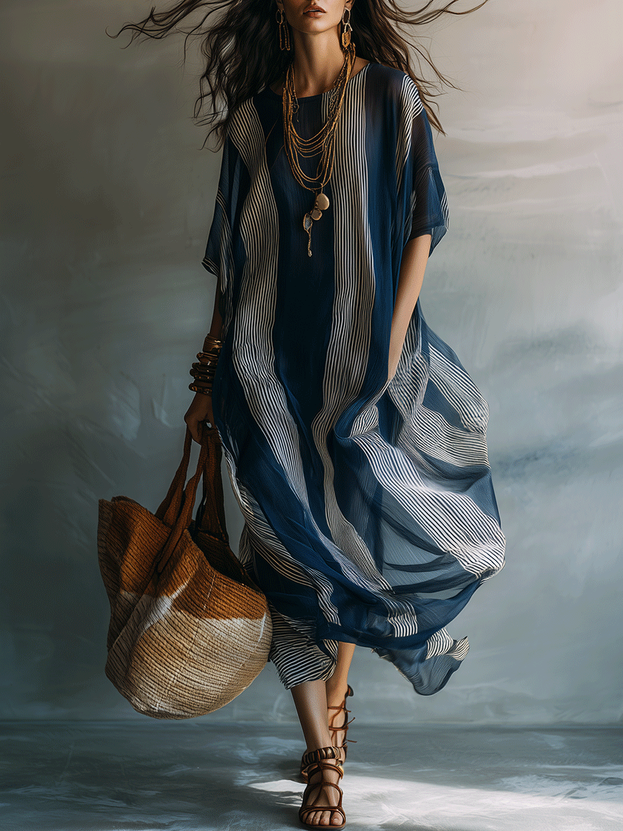 Chic Blue Stripe Lightweight Draped Relaxed Resort Caftan Maxi Dress
