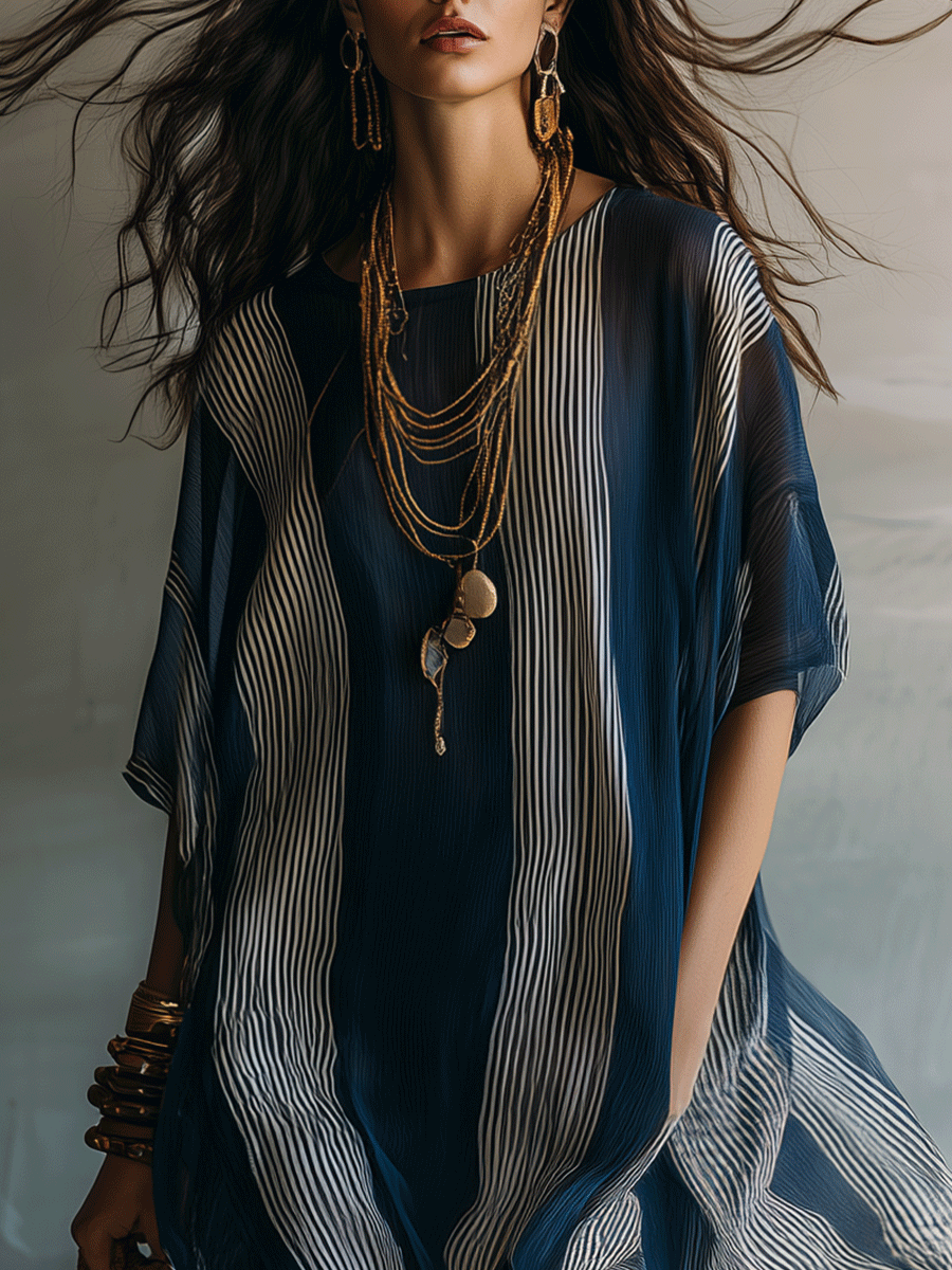 Chic Blue Stripe Lightweight Draped Relaxed Resort Caftan Maxi Dress