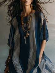 Chic Blue Stripe Lightweight Draped Relaxed Resort Caftan Maxi Dress