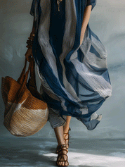 Chic Blue Stripe Lightweight Draped Relaxed Resort Caftan Maxi Dress