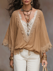 Boho Lace Trim V-Neck Batwing Sleeve Relaxed Fit Blouse