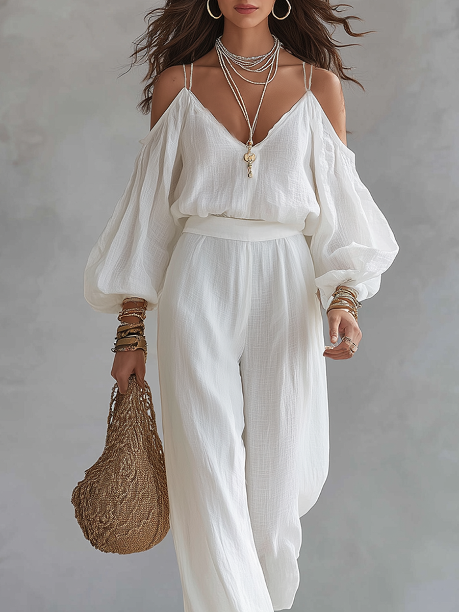 Bohemian Style White Cotton Linen Camisole Top And Wide-leg Pants Set