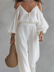 Bohemian Style White Cotton Linen Camisole Top And Wide-leg Pants Set