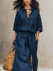Bohemian Navy Blue Linen Skirt Top