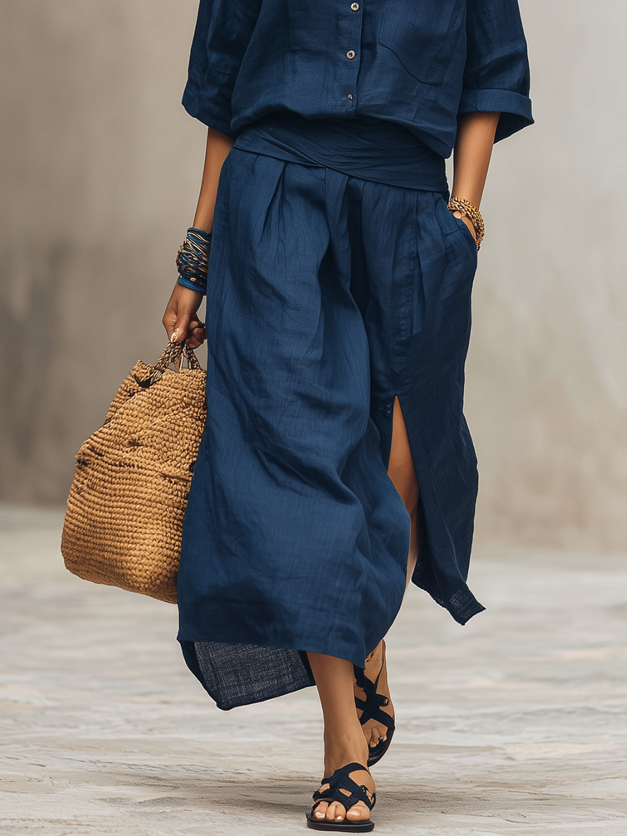 Bohemian Navy Blue Linen Skirt Top
