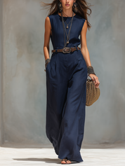 Resort Navy Blue Linen Sleeveless Jumpsuit