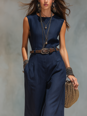 Resort Navy Blue Linen Sleeveless Jumpsuit