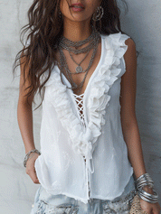 Boho Ruffle Lace-Up V-Neck Sleeveless Relaxed Fit White Blouse