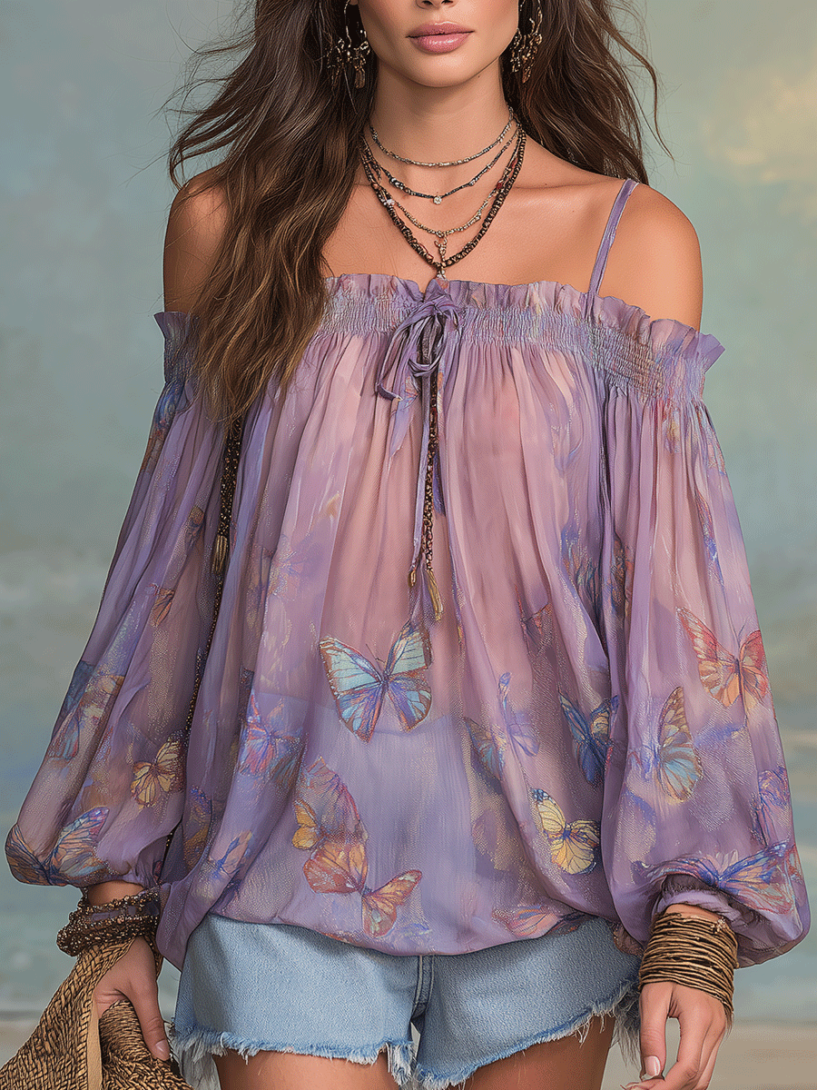 Boho Butterfly Print Off-Shoulder Smocked Tie-Neck Flowy Blouse