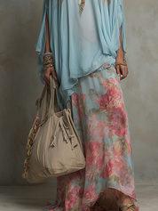 Bohemian Style Sky Blue Floral Chiffon Skirt Set