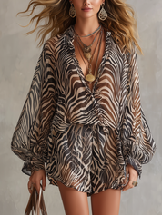 Lightweight Chiffon Zebra Print Top And Shorts Set