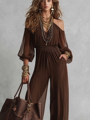 Bohemian Cocoa Brown Chiffon Wide Leg Jumpsuit