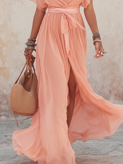 Romantic Peach Pink Chiffon Maxi Dress