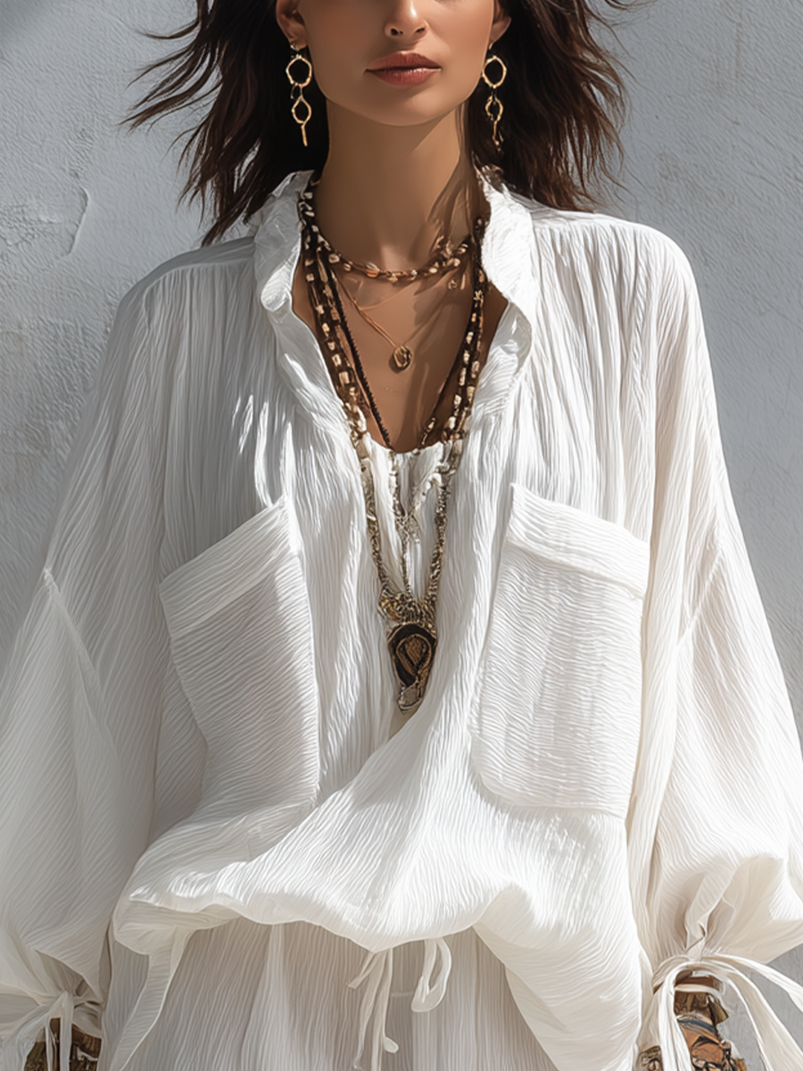 Bohemian White Pleated Tie-front Top And Shorts Set