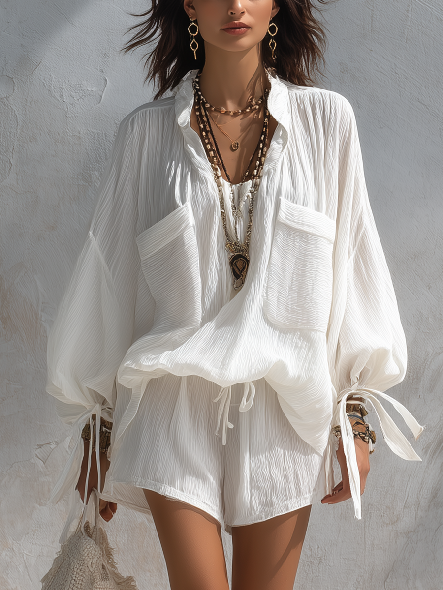 Bohemian White Pleated Tie-front Top And Shorts Set