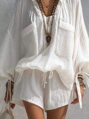Bohemian White Pleated Tie-front Top And Shorts Set