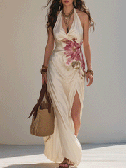 Chic Ivory Lightweight Draped Feminine Silhouette Resort Maxi Dress