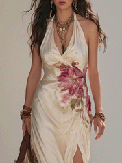Chic Ivory Lightweight Draped Feminine Silhouette Resort Maxi Dress
