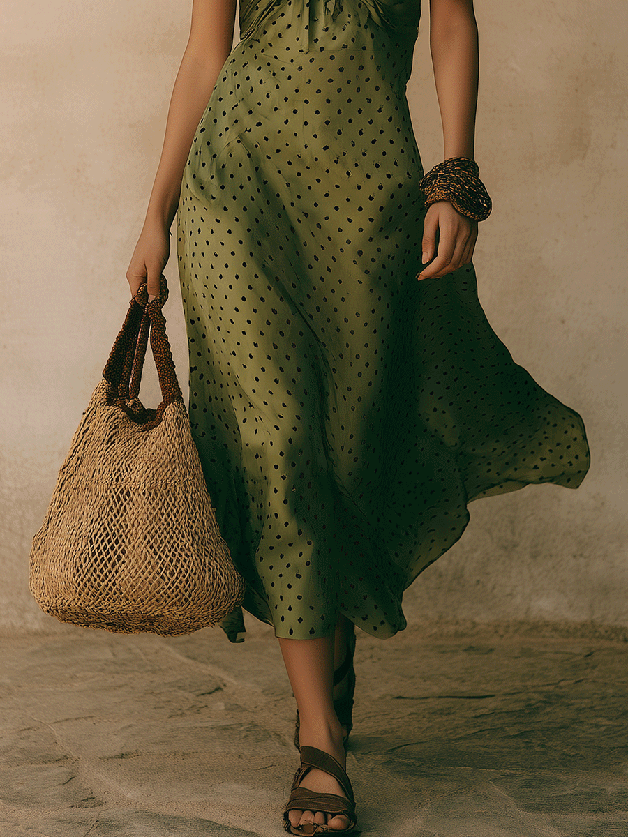 Chic Olive Green Boho Polka Dot Halter Neck Draped Flowy Midi Dress