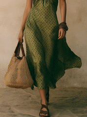 Chic Olive Green Boho Polka Dot Halter Neck Draped Flowy Midi Dress