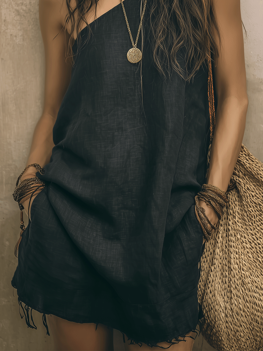 Casual Boho One-Shoulder Black Lightweight Linen Feel Relaxed Fit Raw Hem Mini Dress