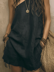 Casual Boho One-Shoulder Black Lightweight Linen Feel Relaxed Fit Raw Hem Mini Dress