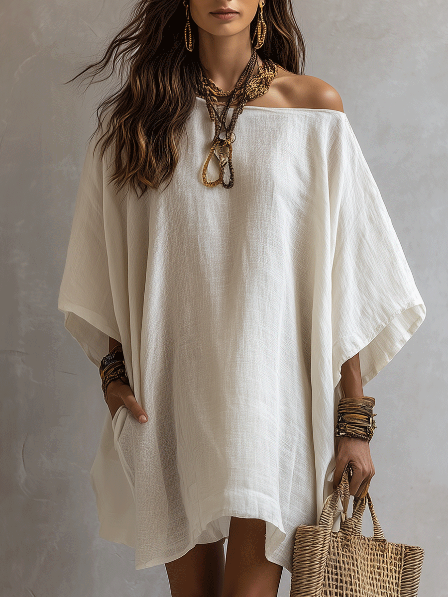 Minimalist Boho Ivory Soft Linen Feel Relaxed Silhouette Casual Mini Dress