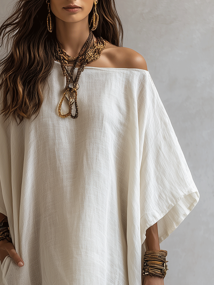 Minimalist Boho Ivory Soft Linen Feel Relaxed Silhouette Casual Mini Dress