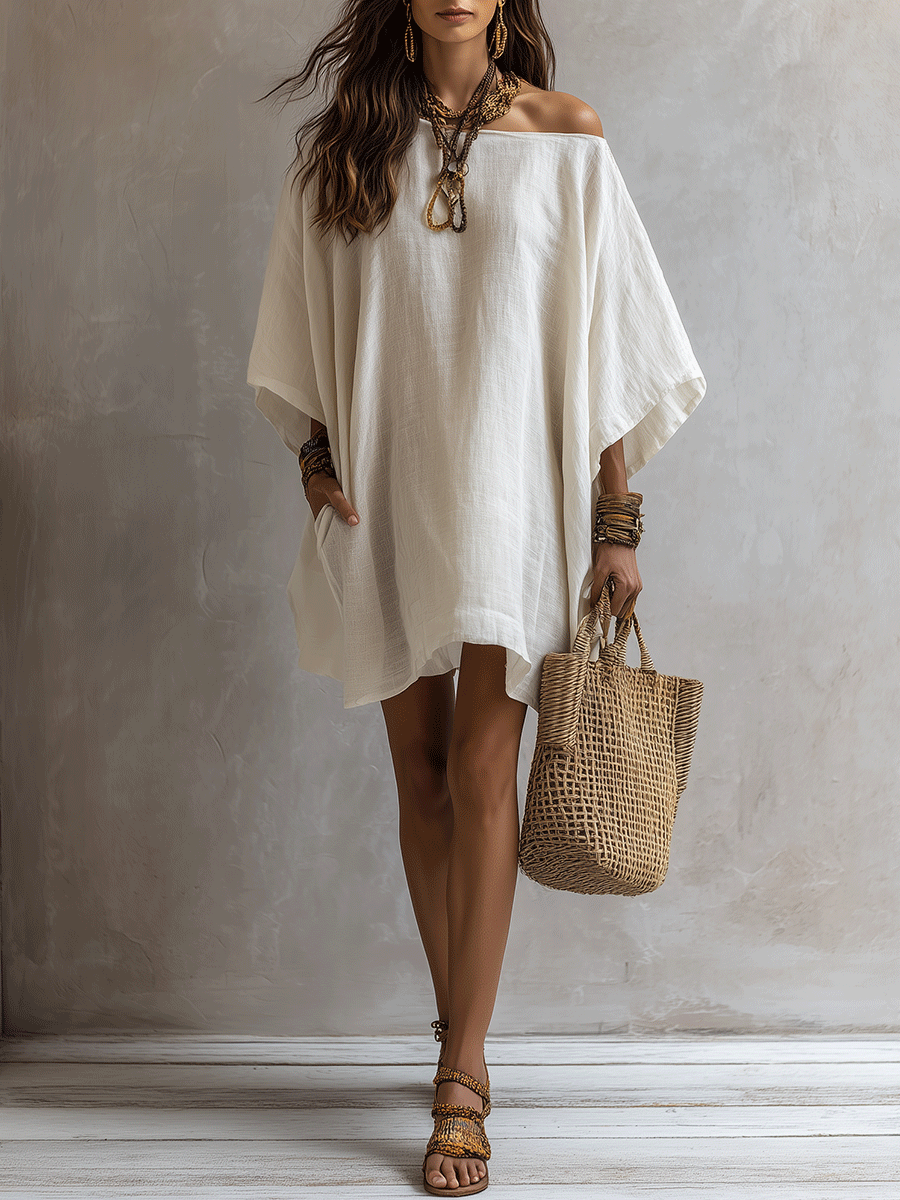 Minimalist Boho Ivory Soft Linen Feel Relaxed Silhouette Casual Mini Dress