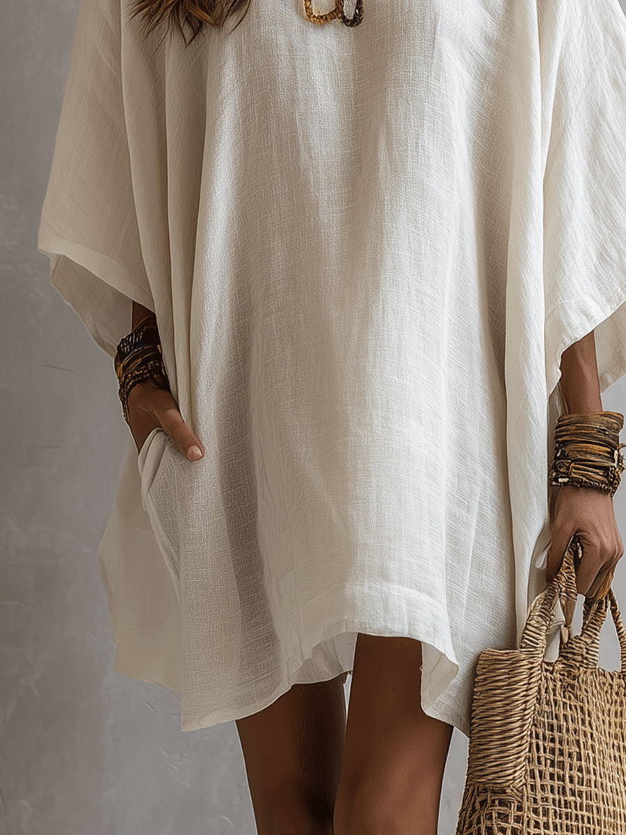 Minimalist Boho Ivory Soft Linen Feel Relaxed Silhouette Casual Mini Dress