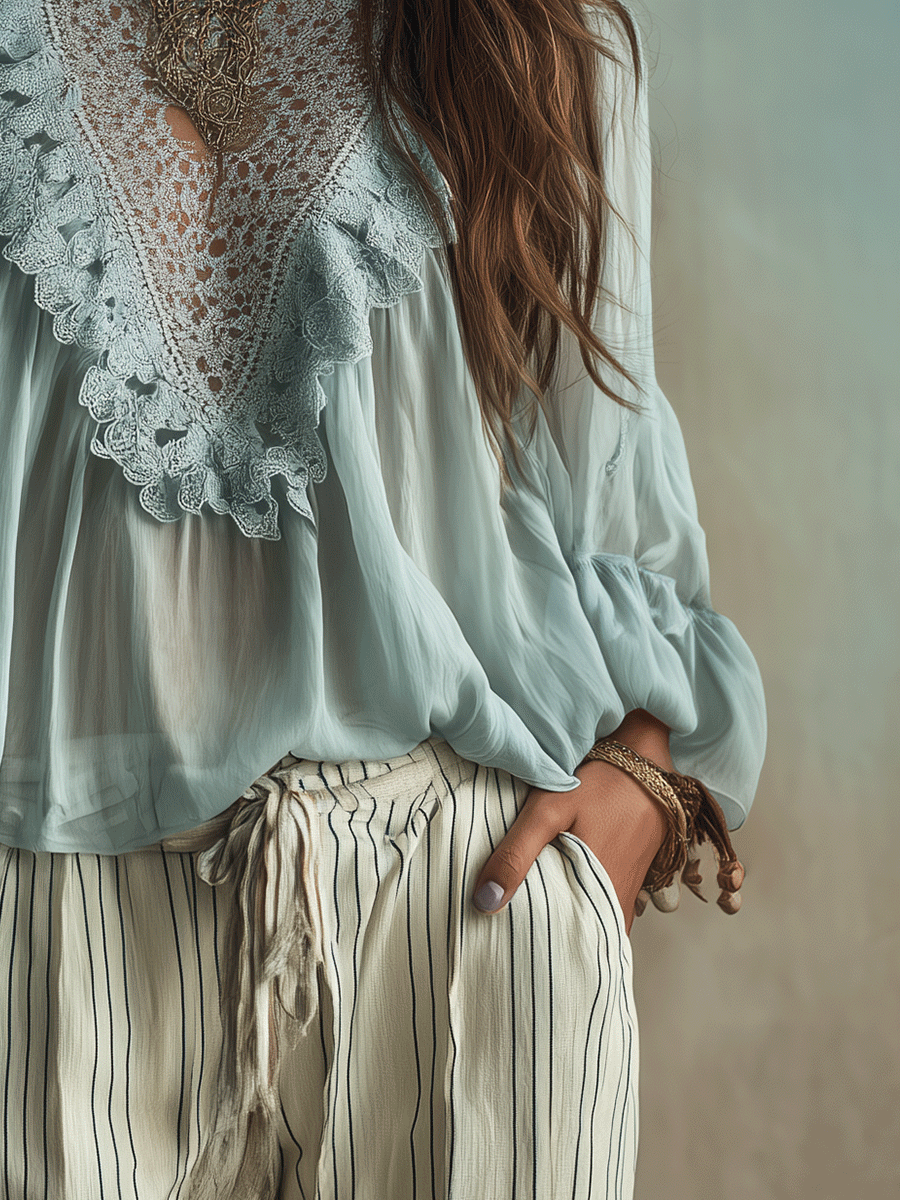 Boho Casual Lace Sage Blue Crochet V-Neck Flowy Relaxed Fit Blouse