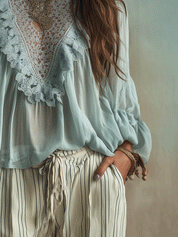 Boho Casual Lace Sage Blue Crochet V-Neck Flowy Relaxed Fit Blouse