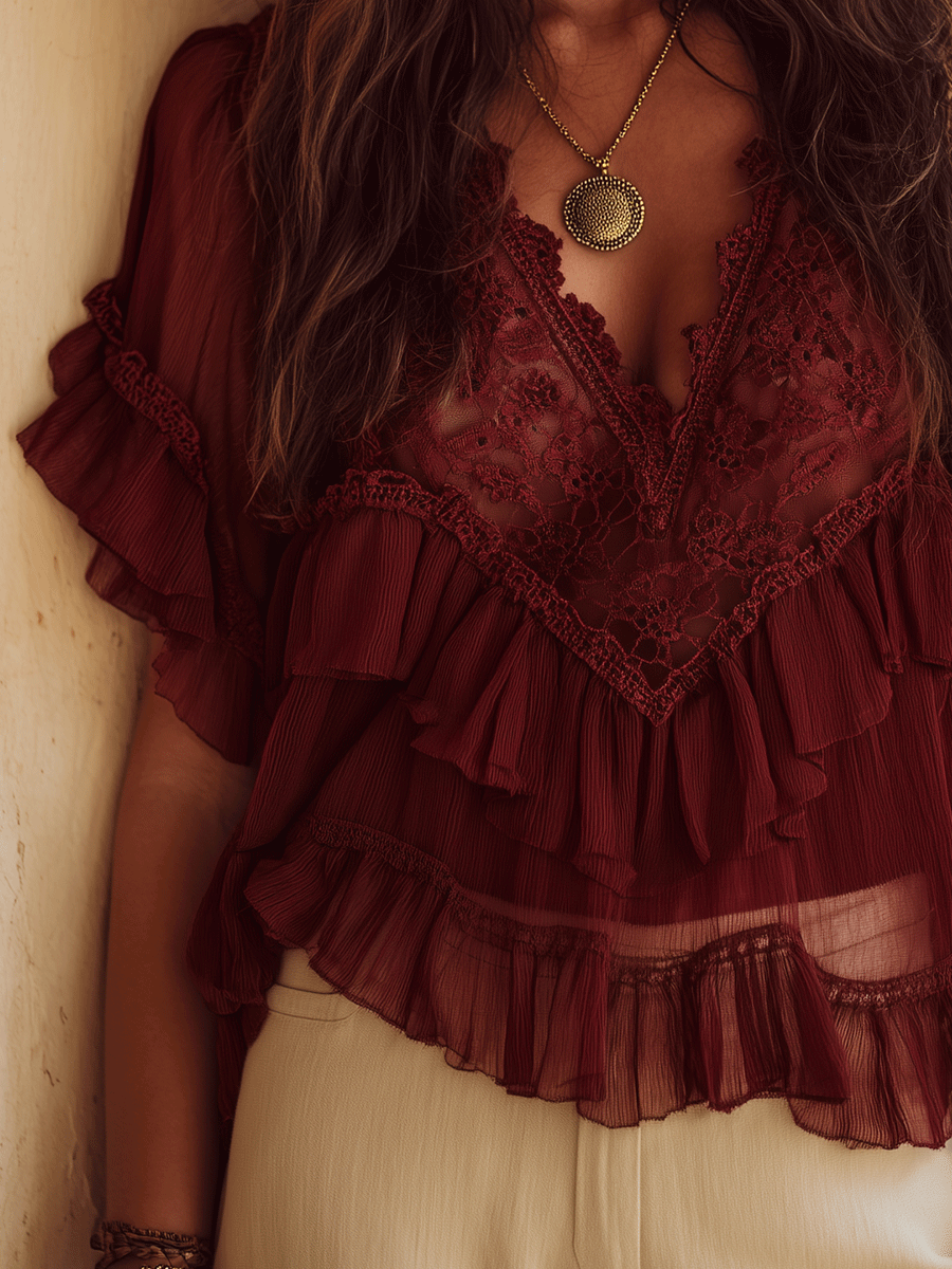Boho Wine Red Lace Crochet Ruffle Trim Sheer Relaxed Fit Blouse