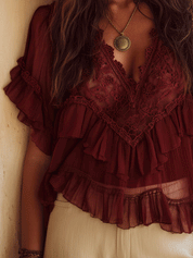 Boho Wine Red Lace Crochet Ruffle Trim Sheer Relaxed Fit Blouse