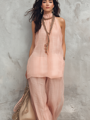 Resort Style Pink Cotton Linen Sleeveless Wide Leg Suit