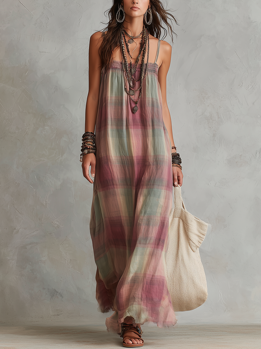 Bohemian Pastel Plaid Flowy Maxi Dress