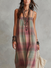 Bohemian Pastel Plaid Flowy Maxi Dress