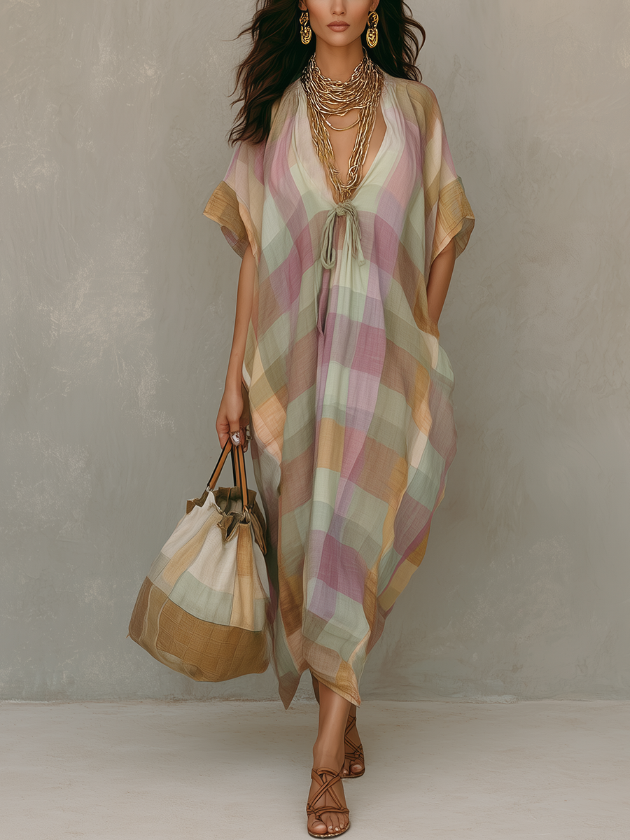 Soft Plaid Bohemian Batwing Sleeve Maxi Dress