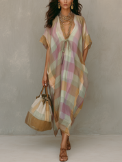 Soft Plaid Bohemian Batwing Sleeve Maxi Dress