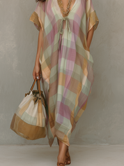 Soft Plaid Bohemian Batwing Sleeve Maxi Dress