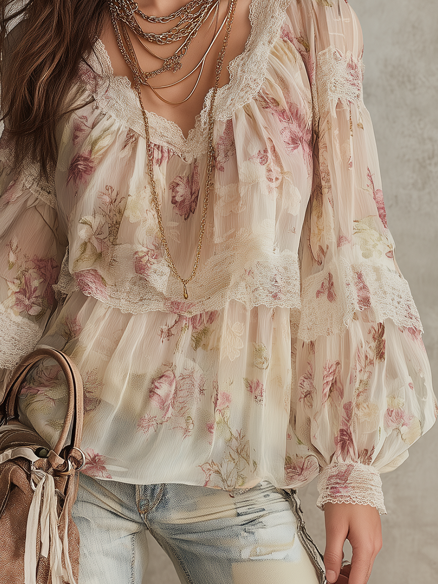 Bohemian Style Floral Lace-trimmed Shirt