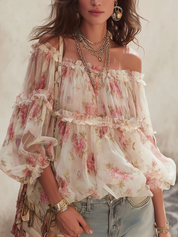 Romantic Blush Floral Off-Shoulder Chiffon Blouse