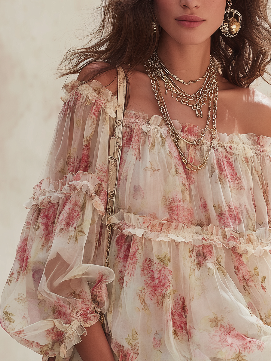 Romantic Blush Floral Off-Shoulder Chiffon Blouse