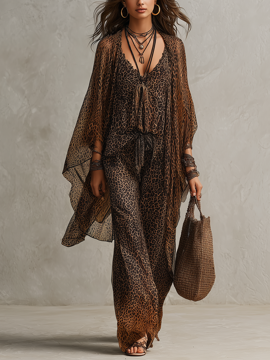 Bohemian Leopard Print Flowing Kaftan Set