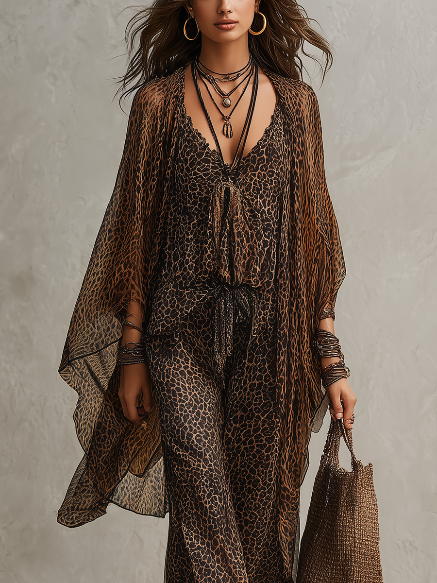 Bohemian Leopard Print Flowing Kaftan Set