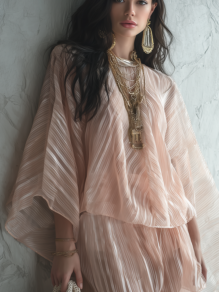 Soft Pink Tulle Batwing Sleeve Shorts Set