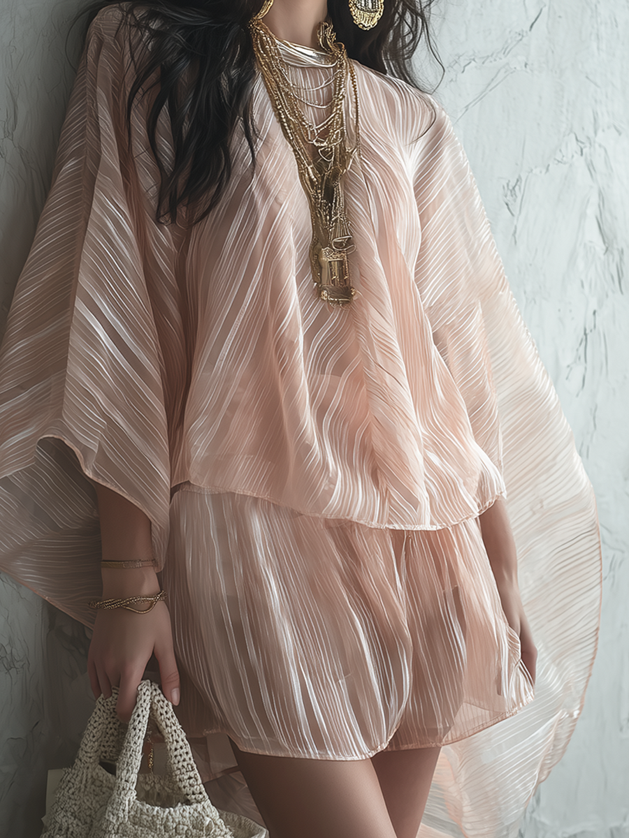 Soft Pink Tulle Batwing Sleeve Shorts Set