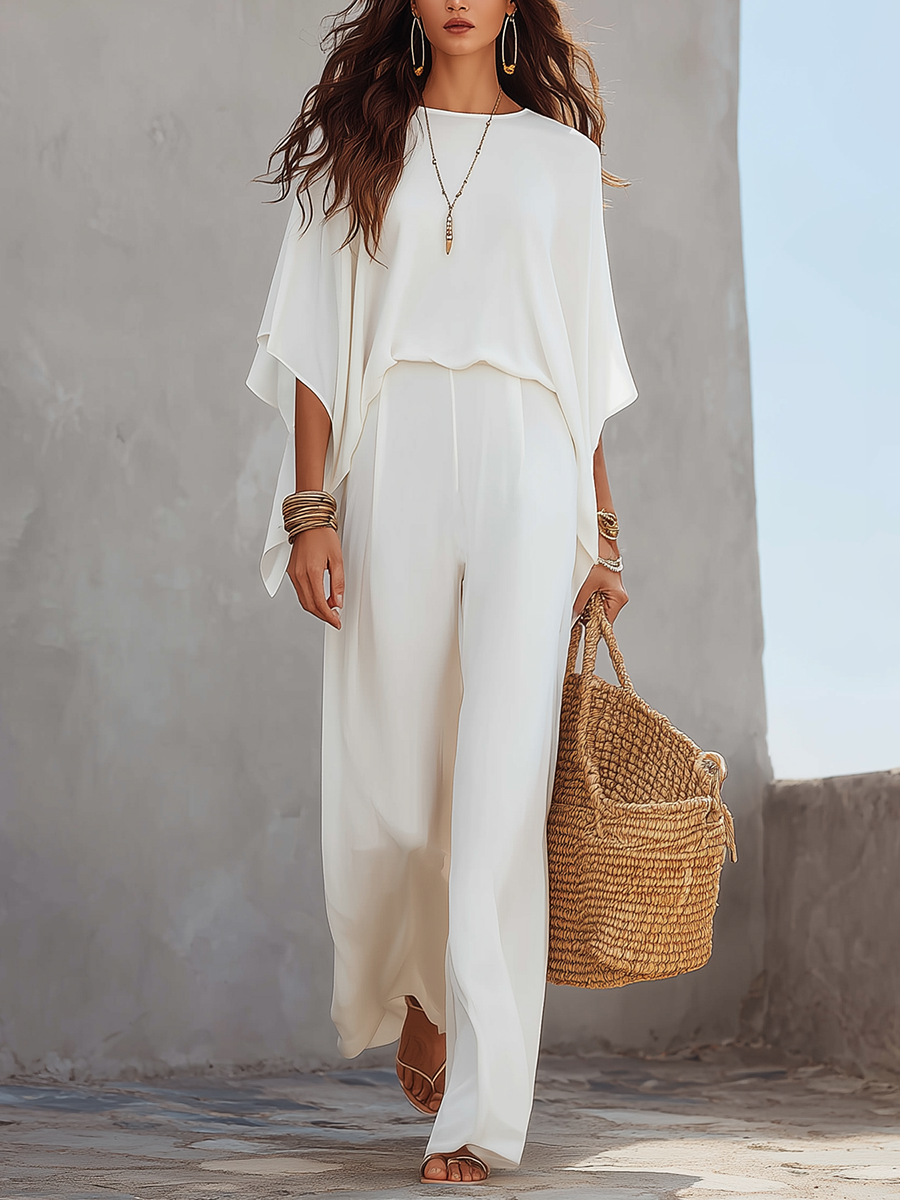 Graceful White Draped Pant Set